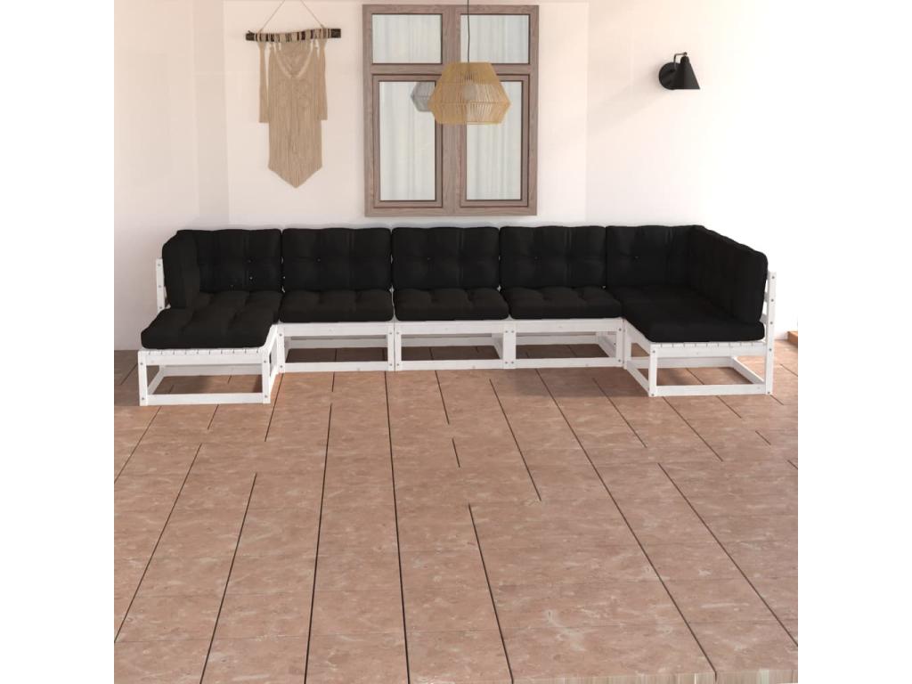 Salon de jardin 7 mcx avec coussins Bois de pin massif QCLW96027