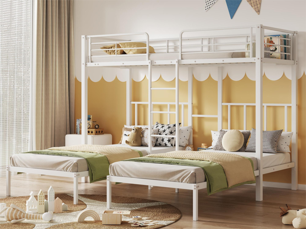 Lit superposé avec table de chevet - 3x90x200 cm - métal - coloris blanc EAFH45424