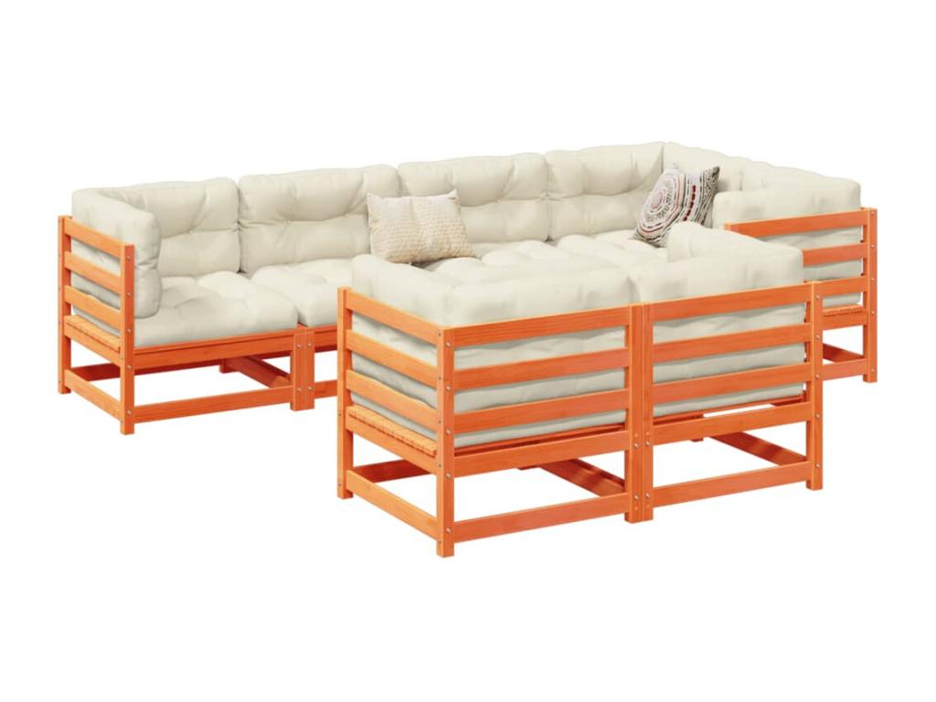 Salon de jardin 7 pièces avec coussins cire marron bois pin massif MHKE38344