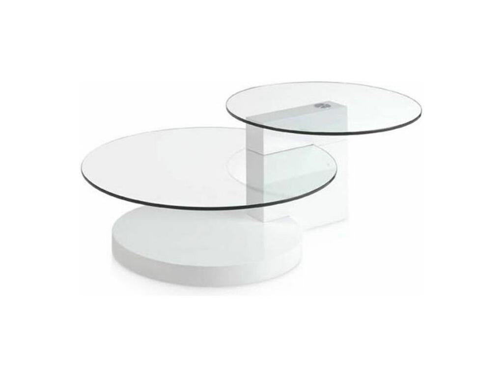 Table basse ronde plateau verre trempé et pieds bois laqué blanc Zensova-Couleur Soufre TDTQ02321