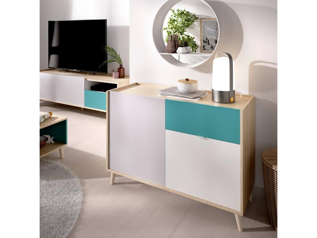 Buffet Lumenao Buffet de salon Buffet de salon moderne avec 2 portes 105x43h75 cm Blanc et Chêne YZRO61346