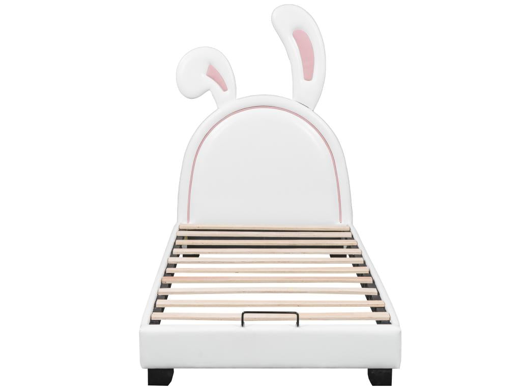 Lit coffre avec tête de lit lapin - 90x200cm - cuir PU - pour enfant - coloris blanc KKDA50822