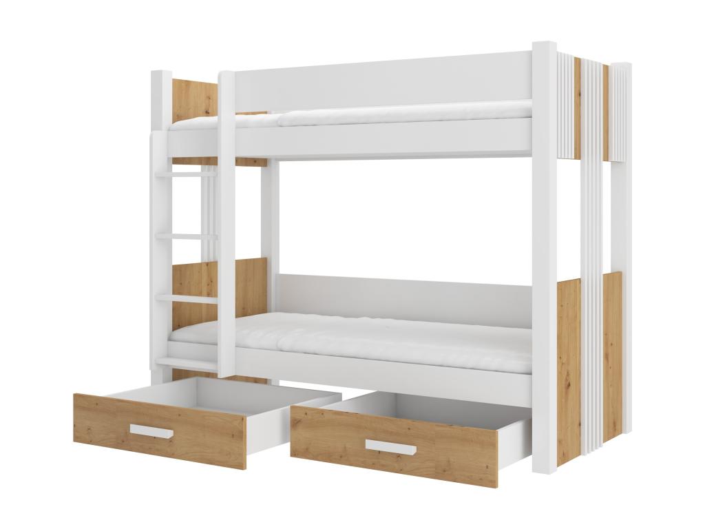 Lit superposé blanc et bois Lumenao 2 couchages 80x180 ou 90x200 avec tiroirs de rangement Lumenao-90x200 PRFK87052