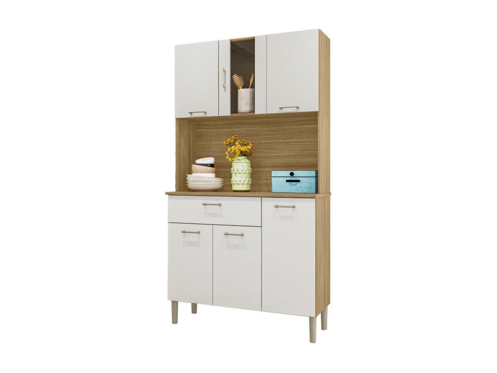 Buffet de Cuisine 6 Portes 1 Tiroir Chêne et Blanc 5 Niches L92 H170.5 P36.3 cm SAQU18010