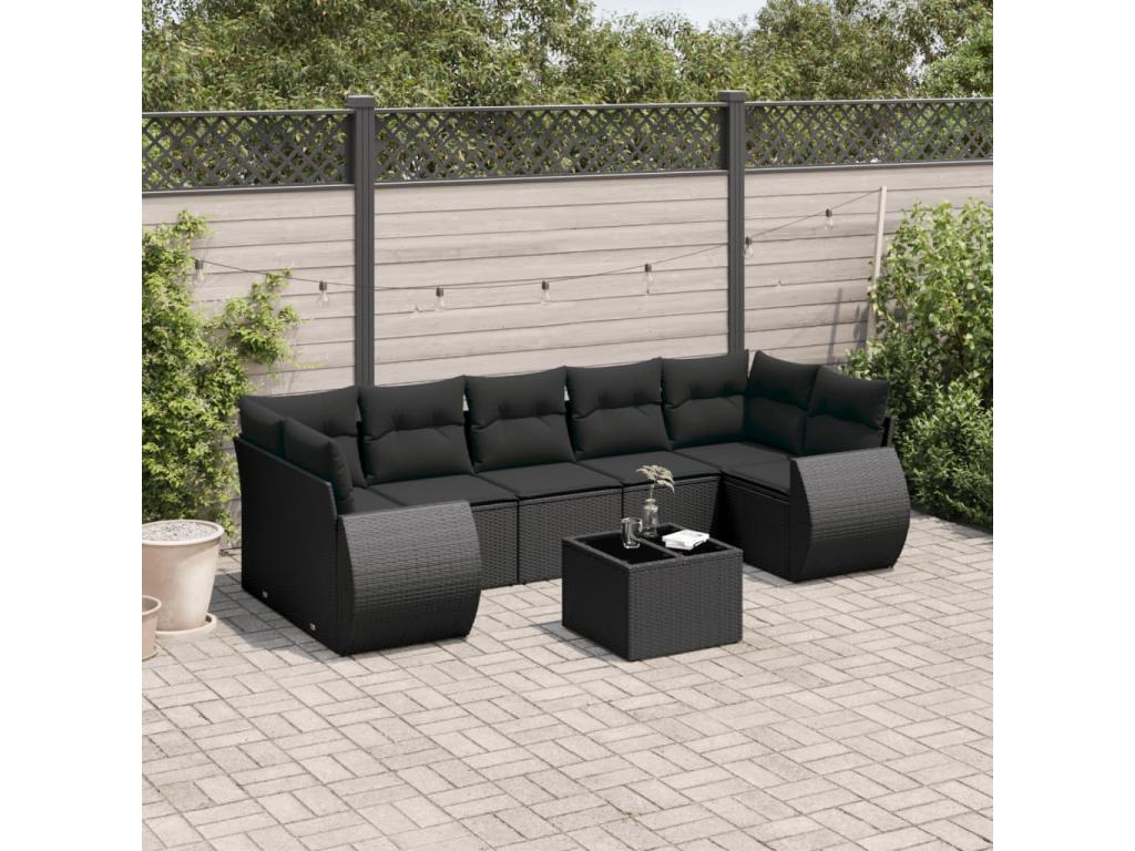 Salon de jardin 8 pcs avec coussins noir résine tressée HNFG35630
