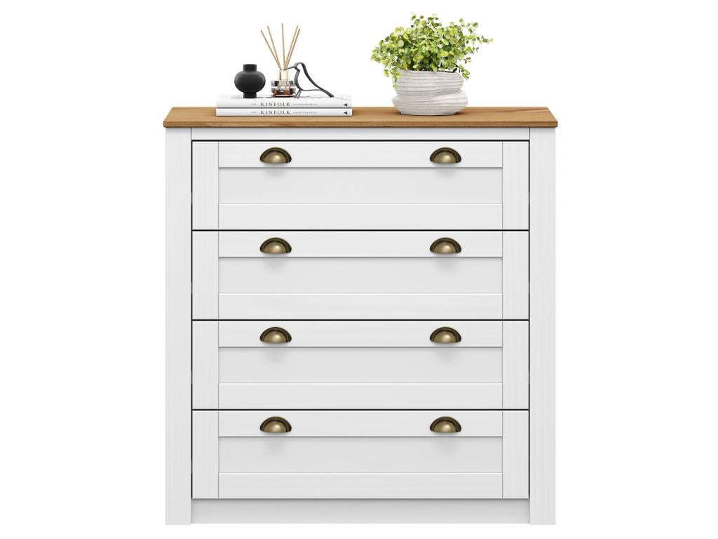 Commode chambre Lumenao L 91 cm en bois massif lasuré blanc et brun avec 4 grands tiroirs et poignées style campagne NIHZ64091
