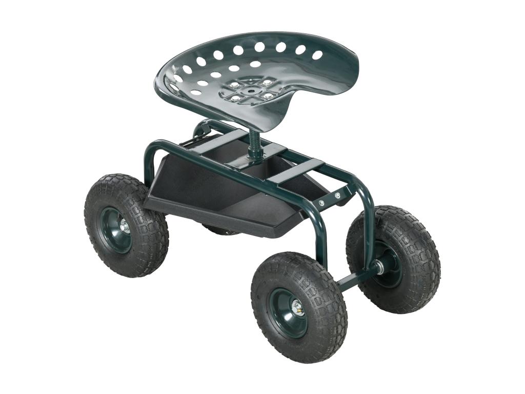 2 en 1 tabouret pivotant réglable chariot mobile de jardin charge max- 150 Kg rangement acier vert BEVT00576