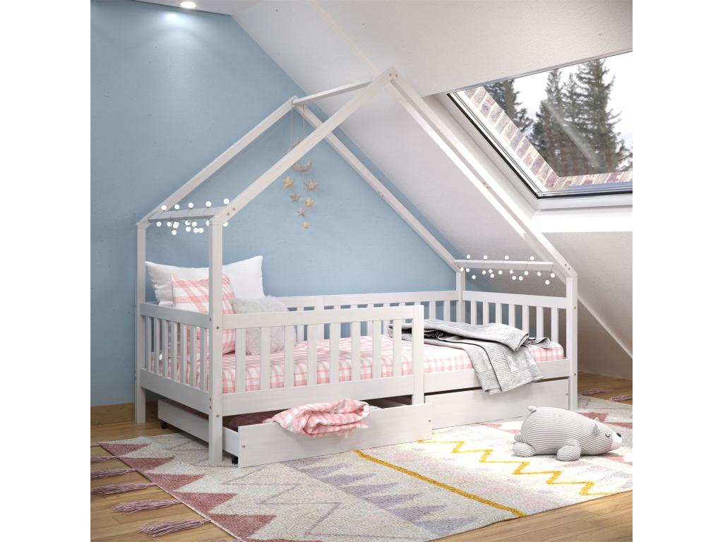 Lit cabane Lumenao lit enfant simple asymétrique en bois 90x200 cm montessori avec rangement 2 tiroirs en pin massif lasuré blanc XYUA30889