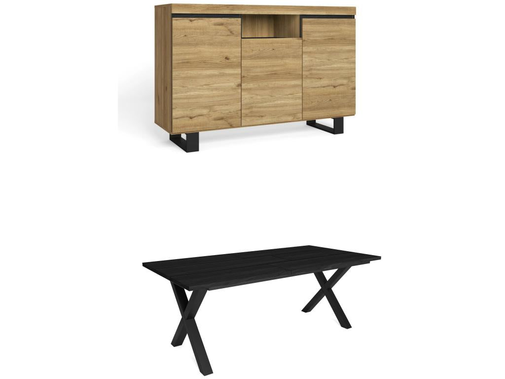 Ensemble de meubles de salon Table 200 Noire pieds X 10 convives Crédence / Buffet 140 Tall Chêne et Zensova Style Industriel MTSN33031