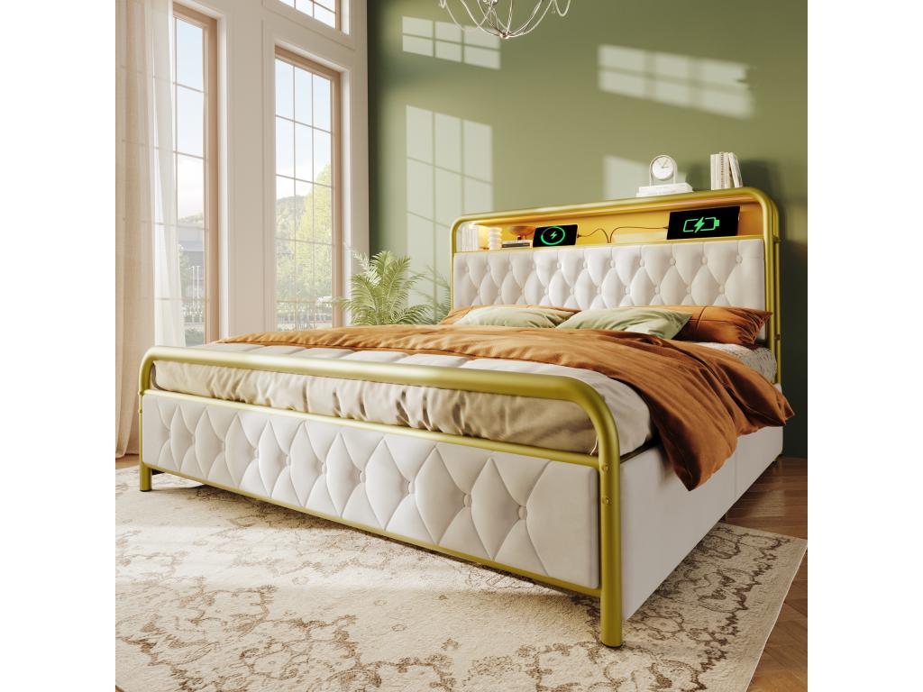 Lit capitonné 180x200 cm avec 2 tiroirs et tête de lit rangement - Prises USB Type C et LEDs - Velours - Blanc sans matelas JVLQ43344