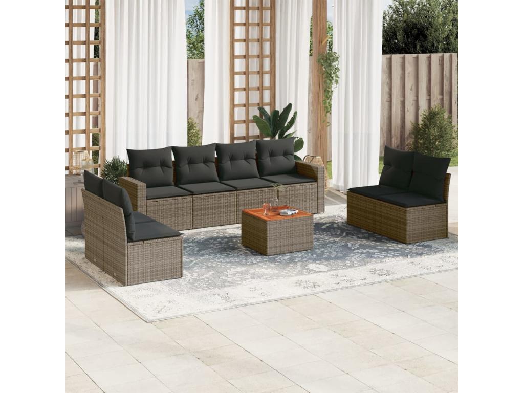 Salon de jardin 9 pcs avec coussins gris résine tressée ADMO12383
