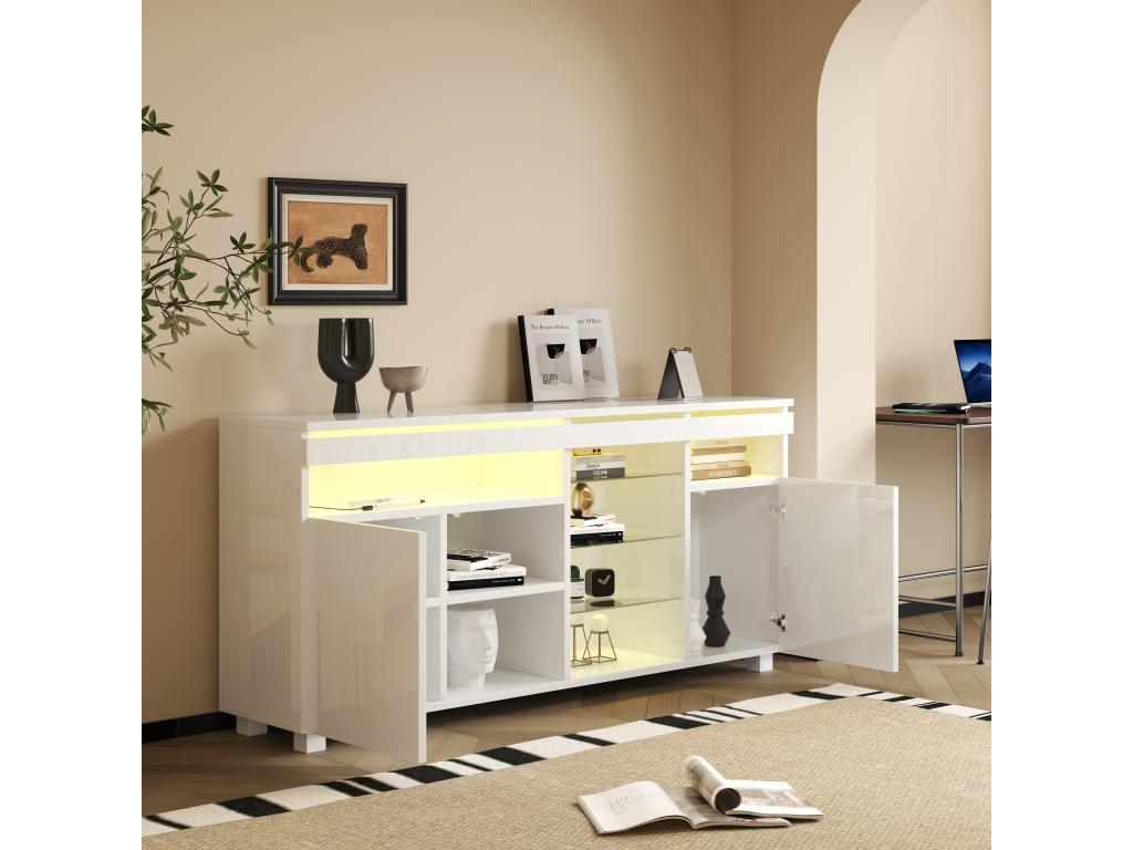 Buffet moderne avec LED - 3 portes et 5 compartiments ouverts - Blanc SBGS34944